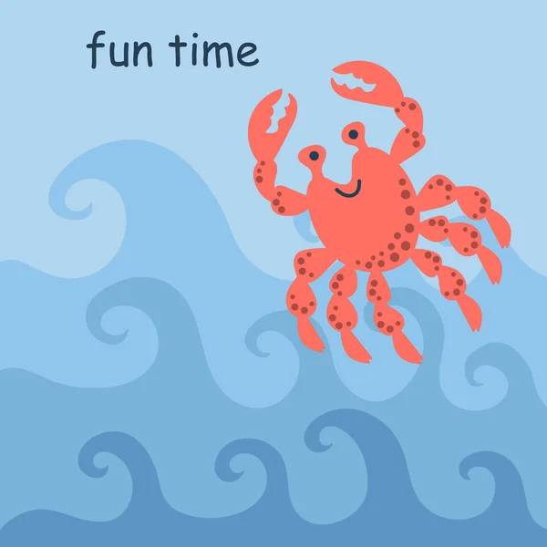 Lustige Krabben springen auf den Wellen. Spaß, Unterschrift. Handzeichnung Vektor Illustration — Stockvektor