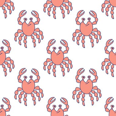 Kusursuz desen. Şirin pembe yengeç. Deniz hayvanı. Beyaz arka planda karalama çizimi. Kumaş, kağıt ve diğer yüzeyler için. Vektör arkaplanı