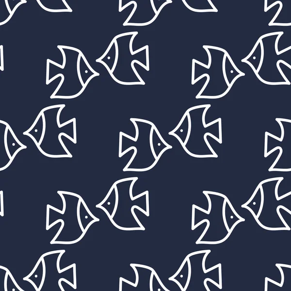 Nahtloses Muster mit handgezeichneten Fischen im Doodle-Stil. Vektorabbildung auf blauem Hintergrund — Stockvektor