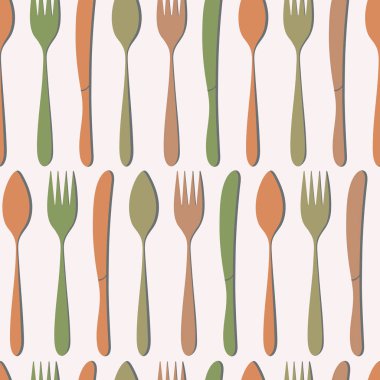 Kusursuz desen. Çatal bıçakların siluetleri. Kaşıklar, çatallar ve bıçaklardan oluşan yatay şeritler. Mutfak aletleri..