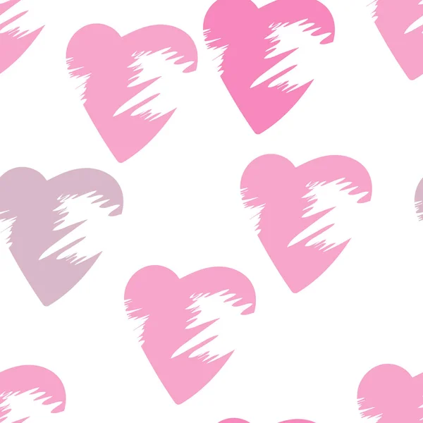 Fond sans couture avec des cœurs roses sur un fond blanc. Fond dessiné à la main. Peut être utilisé comme tissu, papier d'emballage, fond, papier peint, couverture et autres surfaces — Image vectorielle