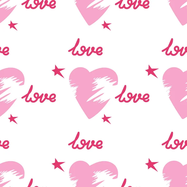 Seamless background with the word love. Words and hearts on a white background. Hand-drawn background. Can be used as fabric, wrapping paper, background, Wallpaper, cover and other surfaces — Stock Vector