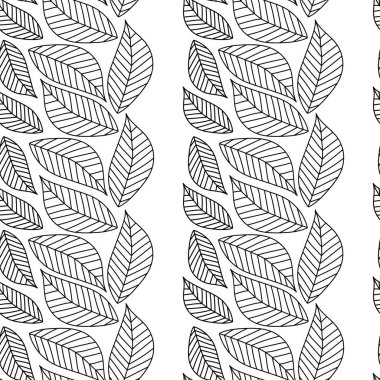 Stilize edilmiş siyah ve beyaz yapraklar pürüzsüz desen. Yaprakların dikey çizgileri. El çizimi dekoratif çiçek süsleme arka planı.