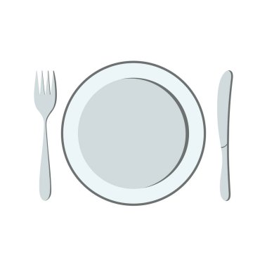 Tabak, çatal ve bıçak. Beyaz arka planda ayrı bir çatal bıçak takımı var. Yemek takımı. Tasarımınız için vektör illüstrasyonu