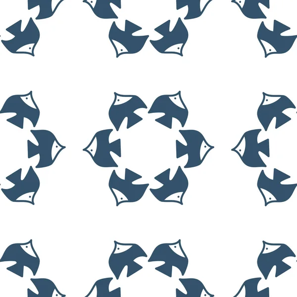 Los peces se recogen en un círculo, un patrón sin costuras. Azul y blanco . — Vector de stock