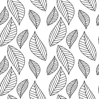 Stylized black and white leaves seamless pattern. Hand drawn decorative floral ornamental on white background. Vector illustration