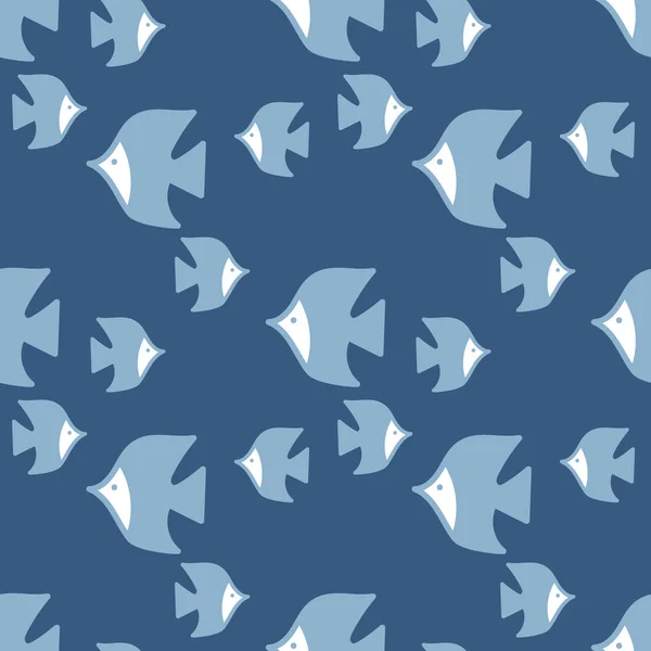 Бесшовный фон. Рыбы плавают в разных направлениях. Плоский вектор на синем фоне. Можно использовать в качестве полиэтилена, оберточной бумаги, подложки, обоев, сумки, обложки и других материалов для серфинга — стоковый вектор