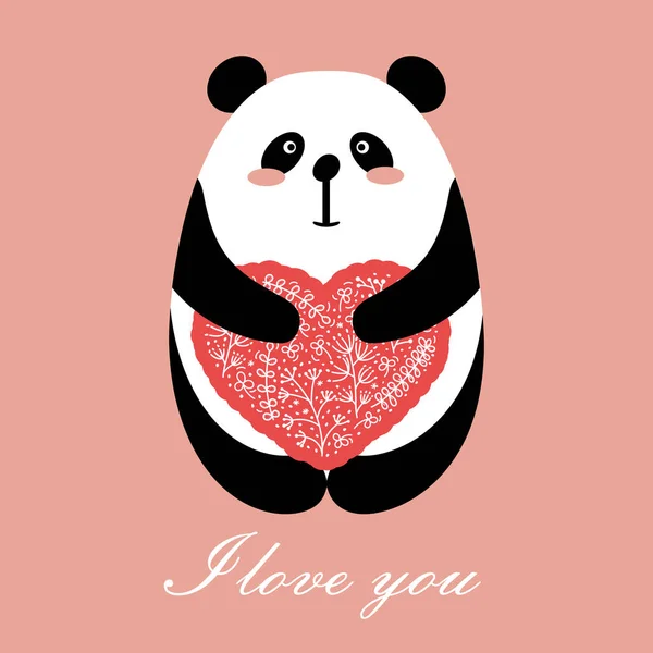 I love you. Greeting card for Valentine's Day, birthday, mother's Day, wedding with cute Panda and heart. An animal holds a heart decorated with flowers in its paws, a hand-Drawn vector illustration — 스톡 벡터