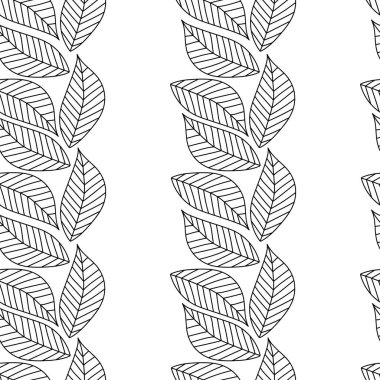 Stilize edilmiş siyah ve beyaz yapraklar pürüzsüz desen. Yaprakların dikey çizgileri. Elle çizilmiş süs çiçeği arkaplanı. Vektör illüstrasyonu