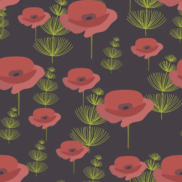 Seamless pattern. Red poppy Flowers and green herbaceous plants. Vector background, suitable for fabric, textiles, bedding, covers — Stock Illustration Seamless pattern. Red poppy Flowers and green herbaceous plants. Vector background, suitable for fabric, textiles, bedding, covers Royalty Free Stock Illustrations