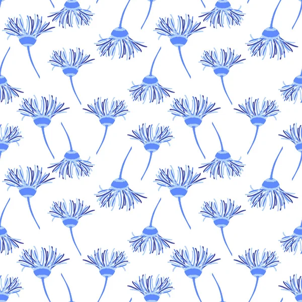 Flores azuis bonitos, flores de milho, plantas de campo. Padrão sem costura vetorial em um fundo branco —  Vetores de Stock