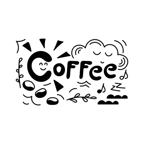 Coffee lettering. Doodle Sun, sleepy cloud, coffee beans and twigs . Hand-drawn illustration. Vector — 스톡 벡터