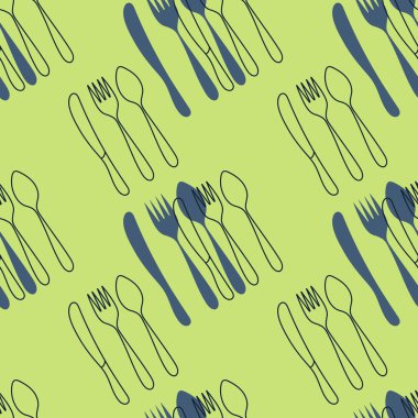 Kaşık ve çatalsız desen. Çatal bıçakların siluetleri. Mutfak aletleri. Vektör illüstrasyonu
