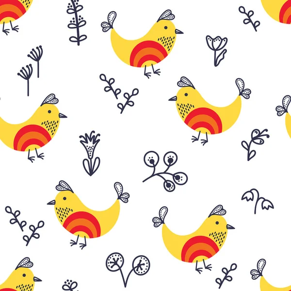 Patrón sin costuras con pequeñas aves lindas, flores y plantas. Dibujado a mano, patrón infantil para tela, embalaje, papel pintado, ropa y otras superficies . — Archivo Imágenes Vectoriales