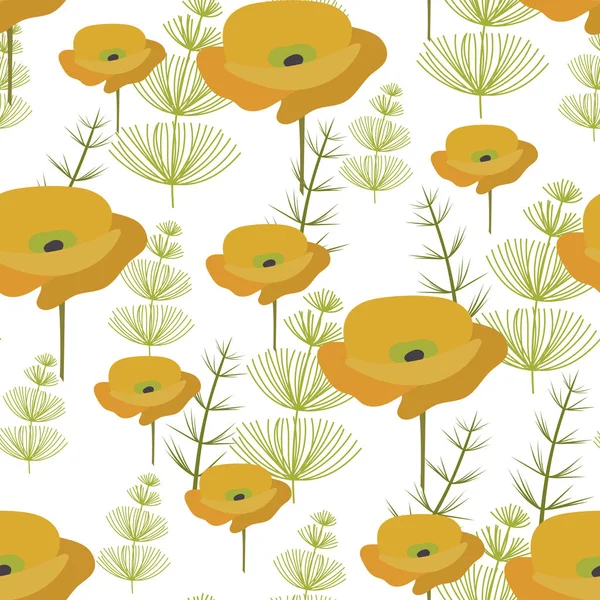 Seamless pattern. yellow poppy Flowers and green herbaceous plants. Vector background, suitable for fabric, textiles, bedding, covers — Stock Illustration Seamless pattern. yellow poppy Flowers and green herbaceous plants. Vector background, suitable for fabric, textiles, bedding, covers Stock Vector