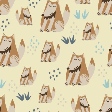 Seamless pattern. Cute wolf and doodle elements . A cartoon animal in the Scandinavian style. Hand-drawn vector illustration..