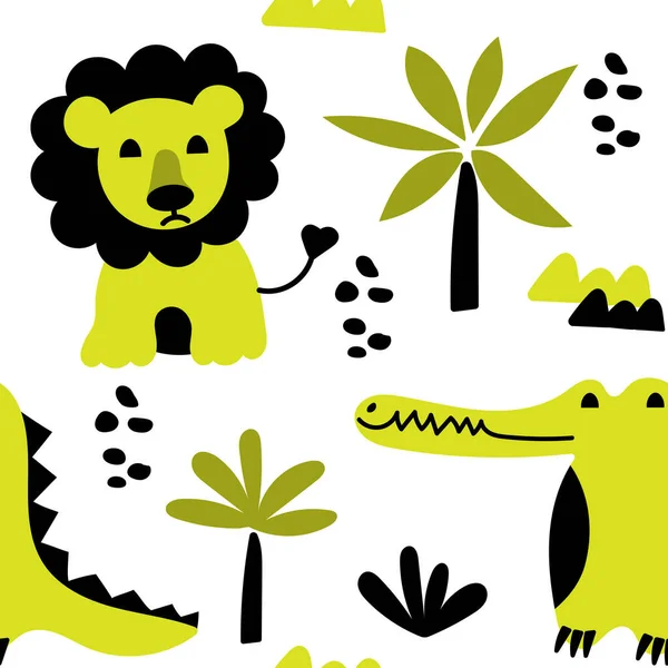 Modèle bicolore sans couture avec des lions et des crocodiles mignons. Animaux africains et plantes de jungle dans un style plat. Fond vectoriel pour enfants — Image vectorielle
