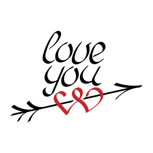 Love you hand zeichnen Schriftzug, Pfeil und zwei Herzen. love you Vektor Illustration für Grußkarte und Banner — Stockvektor