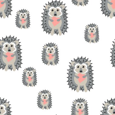 Pembe kalp tutan sevimli kirpi. Kusursuz desen. Çizgi film hayvanlarının düz stili. El çizimi vektör arkaplanı