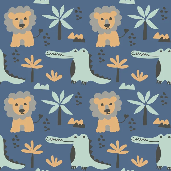 Seamless pattern with cute lions and crocodiles. African animals and jungle plants in flat style. Children's Vector background Stock Vector
