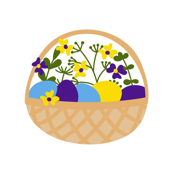 Wicker basket with flowers and Easter eggs . Flat drawing style. Purple, yellow, and blue colors. Hand drawn Vector illustration — Stock Illustration Wicker basket with flowers and Easter eggs . Flat drawing style. Purple, yellow, and blue colors. Hand drawn Vector illustration Vector Graphics