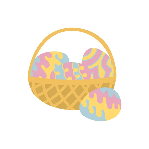 Cesta de mimbre con huevos de Pascua. Estilo de dibujo plano. Rosa. colores amarillos y azules. Ilustración vectorial dibujada a mano — Vector de stock