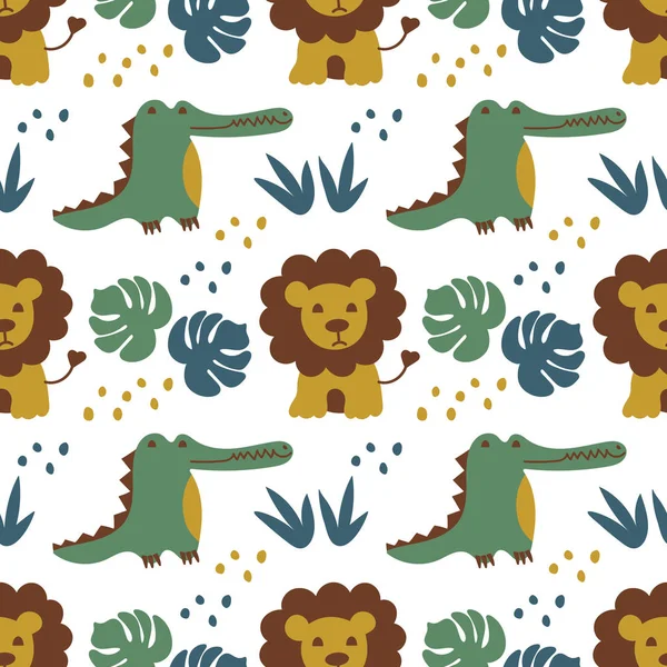 かわいいライオンやワニとシームレスなパターン。アフリカの動物やジャングルの植物のフラットスタイルで。子供のベクトルの背景 — ストックベクタ