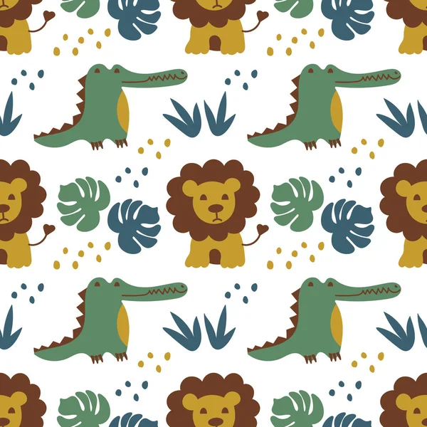 Seamless pattern with cute lions and crocodiles. African animals and jungle plants in flat style. Childrens Vector background Royalty Free Stock Illustrations