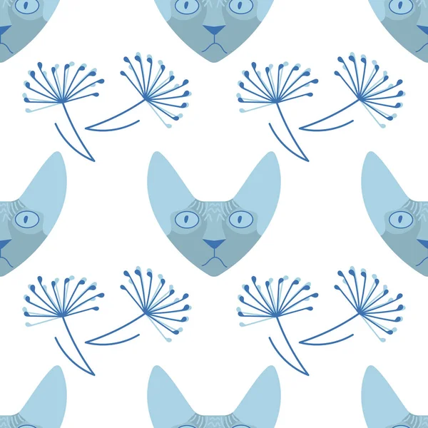 スフィンクス猫。動物やタンポポの花の銃口とシームレスなパターン。白を基調としたベクトルイラスト。布、包装紙、背景、壁紙、バッグテンプレートとして使用できます — ストックベクタ