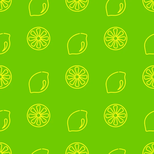 Nahtloser Hintergrund mit einer ganzen Zitrone und einer Scheibe. Umrisse von gelben Früchten auf grünem Hintergrund. Vitamine, Vegetarismus, Vektorillustration für Stoffe, Verpackungen und andere Oberflächen — Stockvektor