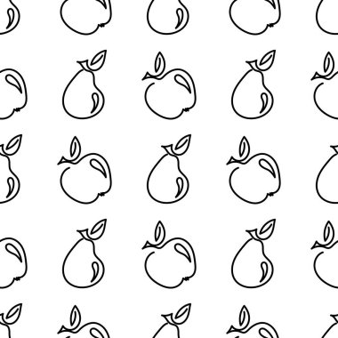 Elma ve armut şeklindeki dış hatları beyaz arka planda izole edilmiş kusursuz desen. Yaz meyveleri vitamin, vejetaryenlik, kumaş, ambalaj ve diğer yüzeyler için vektör çizimi açısından zengin..