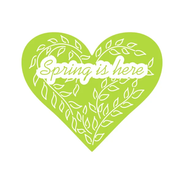 Bahar geldi. El yapımı kalp ve yapraklı dallar. Vektör çizimi. Yeşil ve beyaz — Stok Vektör