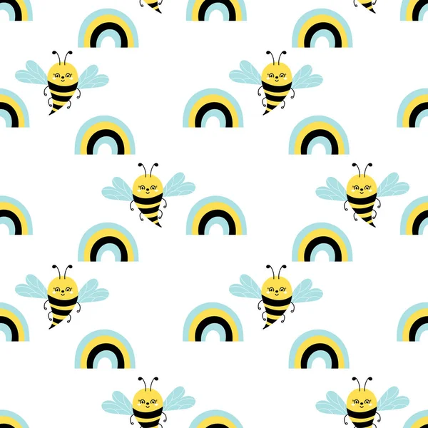 Linda abeja de dibujos animados o abeja Bumble y arco iris. Estilo plano. Patrón sin costura vectorial en blanco. Insectos dibujados a mano — Archivo Imágenes Vectoriales