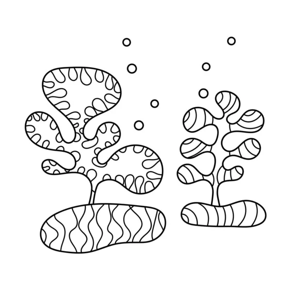 Libro para colorear. Mundo submarino de plantas oceánicas. Dibujo antiestrés a mano con elementos Doodle — Vector de stock