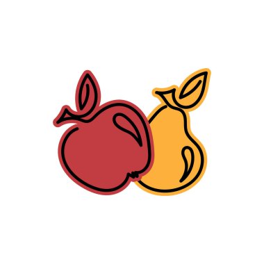 Beyaz arka planda izole edilmiş, ana hatlı armut ve elma ikonu. Yaz meyveleri vitamin açısından zengin, vejetaryenlik, vektör çizimi. Ağ ve uygulamalar için.