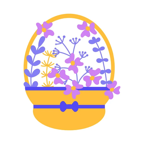 Vector basket with flowers and plants . Flat drawing style. Purple, yellow, blue colors. Hand drawn. — Stock Illustration Vector Basket Flowers Plants Flat Drawing Style Purple Yellow Blue Royalty Free Stock Illustrations