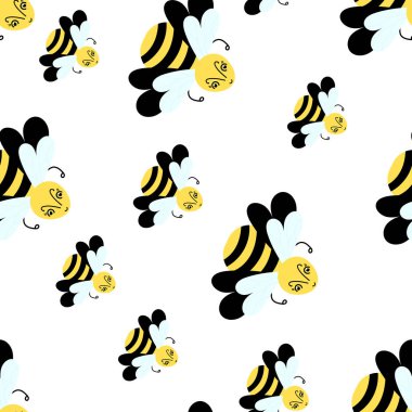 Beyazda arı deseni var. Tatlı çizgi film arısı mı yoksa Yaban Arısı mı? Vektör çizimi. Duvar kağıdı, kumaş ve diğer şeyler için el yapımı böcekler.