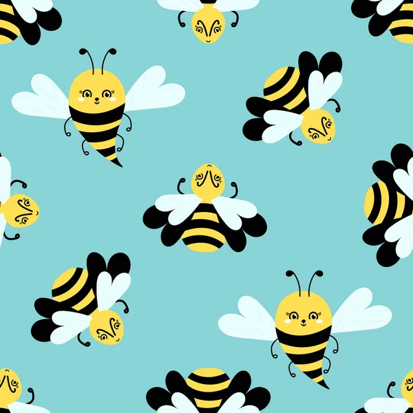 Flying Bee Cartoon Pola Mulus Pada Biru Serangga Lucu Untuk - Stok Vektor