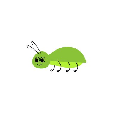 Böcek. Beyaz arka planda yeşil böcek. Çocuklar için düz tasarım. Şirin çizgi film kawaii komik Doodle karakteri. Vektör.