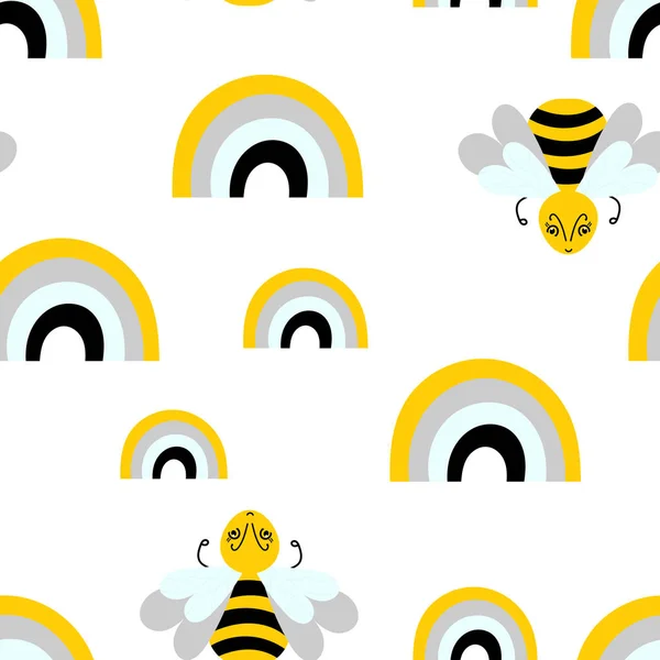 かわいい漫画の蜂やバンブルビーと虹 フラットスタイル 白のベクトルシームレスパターン 手描き昆虫 — ストックベクタ