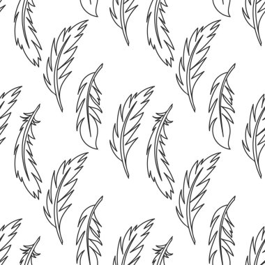 Vektör tüyleri, kusursuz desen. Beyaz arka planda el çizimi, kumaş, ambalaj, kırtasiye ve diğer yüzeyler için. siyah ve beyaz