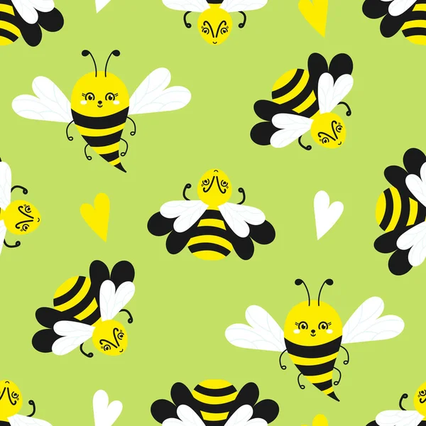 Flying Bee Cartoon Naadloos Patroon Groen Leuke Insecten Voor Behang — Stockvector