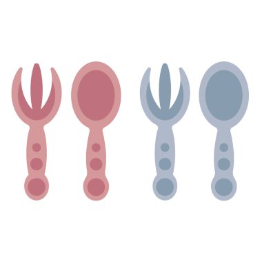 Bir çocuk ikonu için çatal bıçak takımı. Erkek ve kız için bebek plastik çatal ve kaşık. Beyaz bir arka planda izole edilmiş. Vektör illüstrasyonu