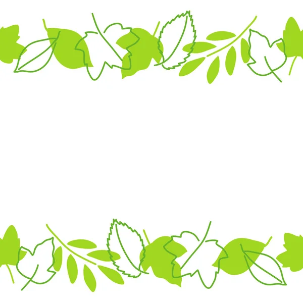 春天或夏天树叶的明亮无缝边界 绿色植物的轮廓和轮廓 手绘矢量图解 明信片 邀请函等 案文的篇幅 — 图库矢量图片