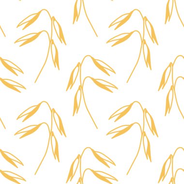 Beyaz arka planda olgun yulaf kulakları. Yulaf ezmeli vektör kusursuz desen. Sağlıklı yaşam tarzının el çizimi çizimi.