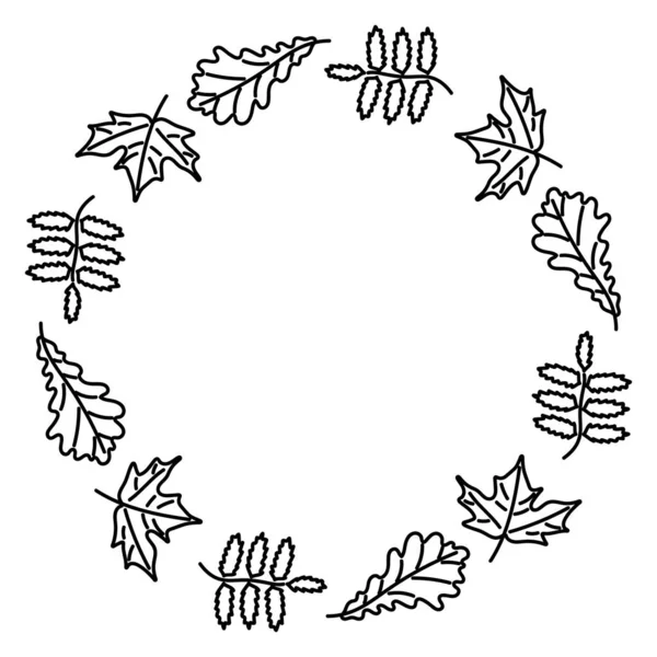 Handtekening met een krans van bladeren van de bomen. Rowan eiken esdoorn. Kleurplaten met een krans voor kinderen en volwassenen. Eenvoudige Monochrome bloemstuk, vector illustratie. Zwart-wit — Stockvector