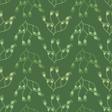 Çiçekli, pürüzsüz desenli çayır çiçekleri. Yeşil arka planda elle çizilmiş bitkiler. Kumaş ve diğer yüzey için basit bir tasarım. Vektör illüstrasyonu