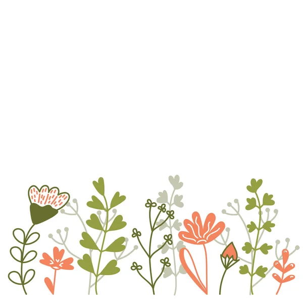 Bright Cute Border Spring Summer Forest Meadow Plants Flowers Silhouettes — Stock Vector