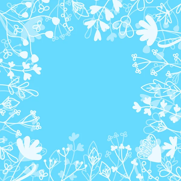 Tarjeta floral con lugar para texto. Flores de pradera dibujadas a mano, hojas y hierbas sobre fondo azul. Ilustración vectorial — Vector de stock
