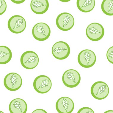 Daire şeklinde yeşil meşe yaprağı. Kusursuz desen. Beyaz arka planda elle çizilmiş resimler.